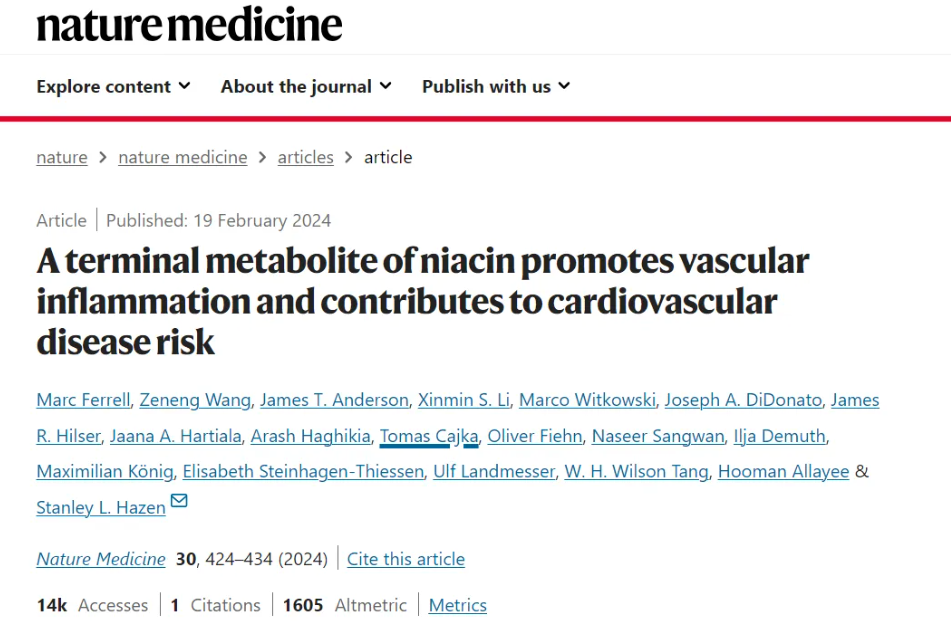 Nature medicine (IF=82.9)|烟酸的终末代谢物促进血管炎症并增加心血管疾病风险