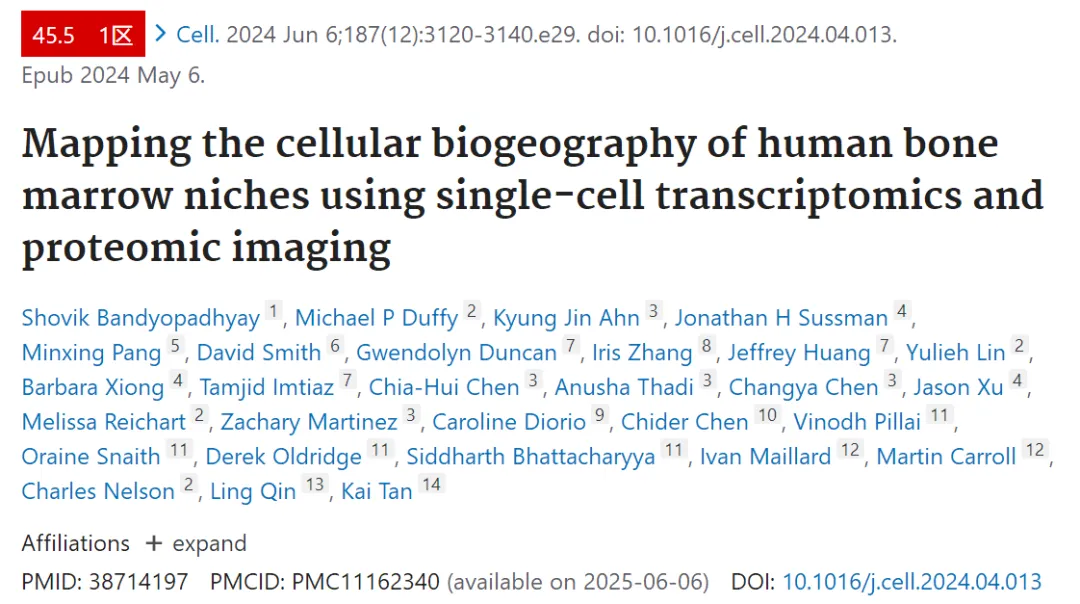 Cell（IF=45.5）丨使用单细胞转录组学和蛋白质组学成像绘制人类骨髓微环境的细胞生物地理学