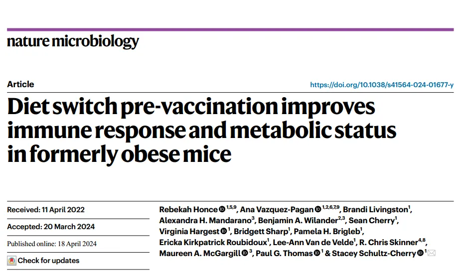 Nature Microbiology（IF=20.5）丨接种疫苗前改变饮食可改善肥胖小鼠的免疫反应和代谢状态