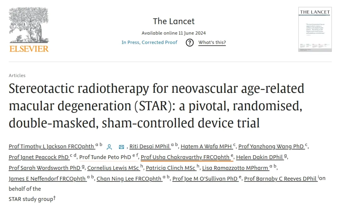 Lancet（IF=168.9）丨立体定向放疗治疗新生血管性年龄相关性黄斑变性(STAR)