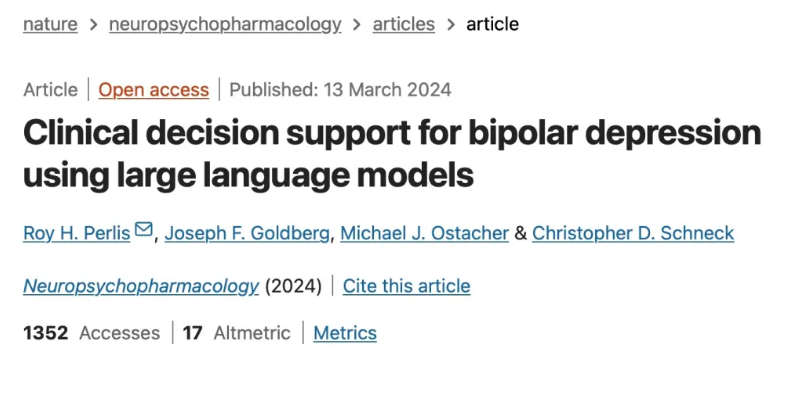 Neuropsychopharmacology (IF=7.6)｜用增强的大语言模型支持双相障碍临床药物决策！
